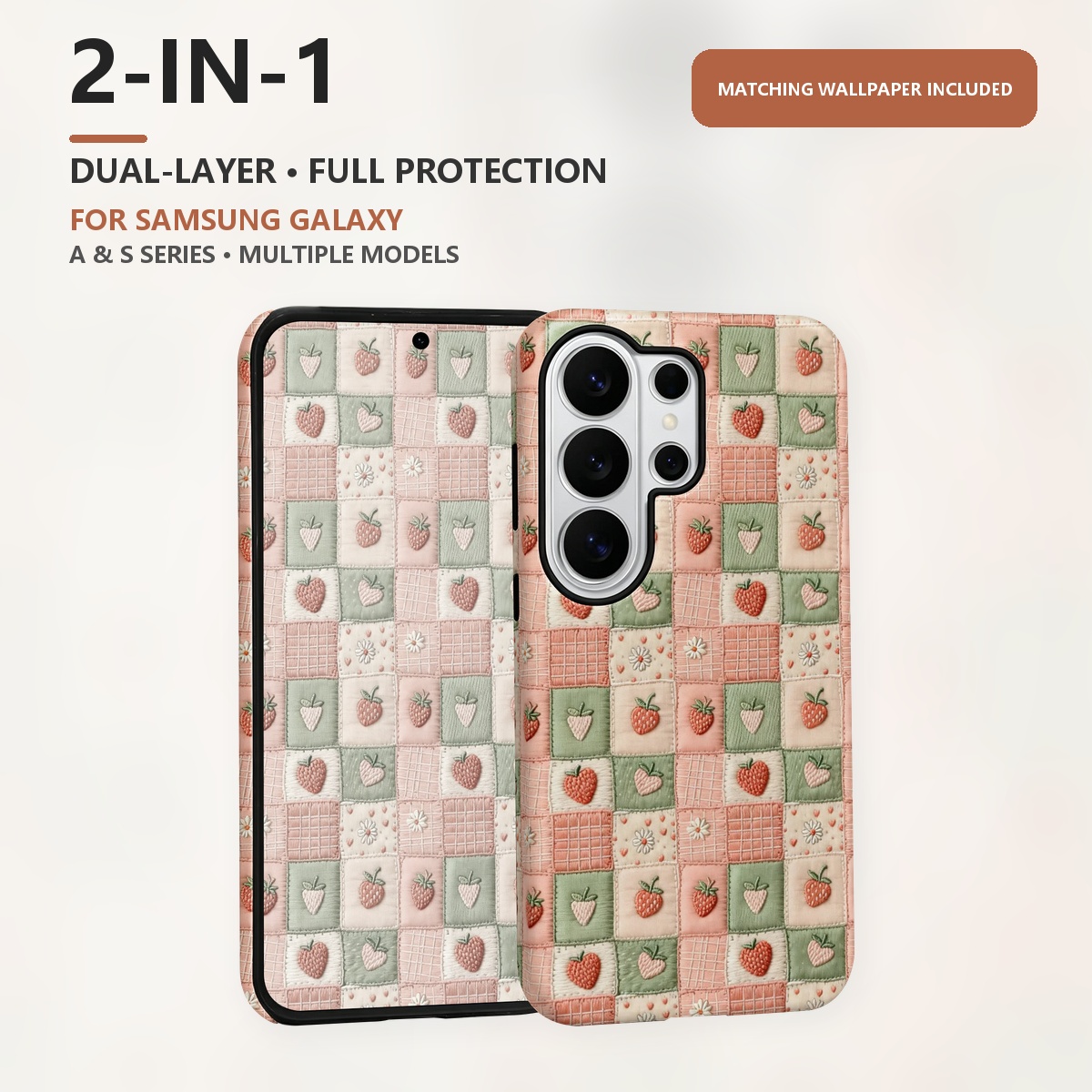 Samsung Galaxy S24 - Bestickte Erdbeer-Patchwork 2-in-1 Dual-Layer Handyhülle für